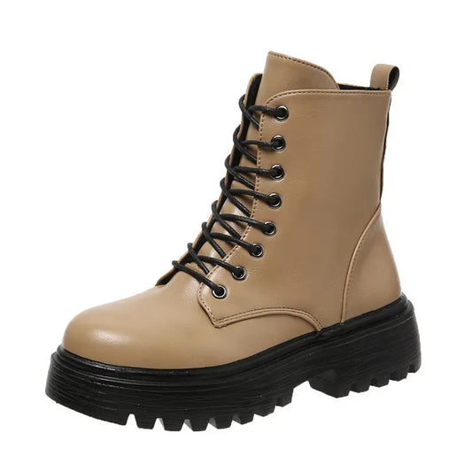 Bottes de style britannique avec talons épais, lacets à plateforme pour femmes - BMYANY