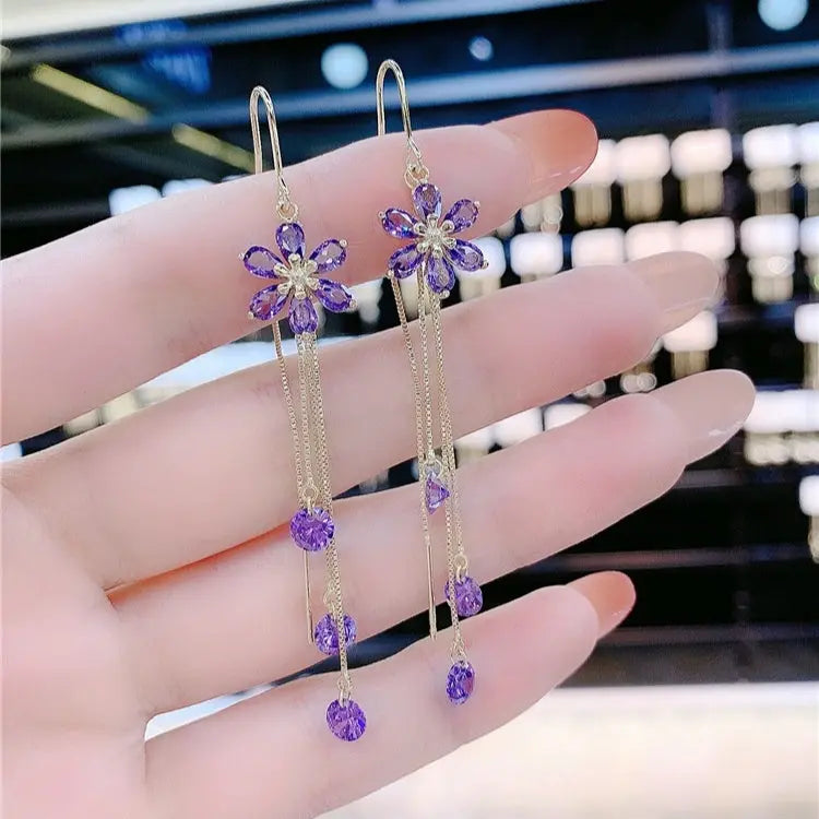 Boucles d’Oreilles Fleurs Cristal Violet style Coréen Polyvalentes - BMYANY
