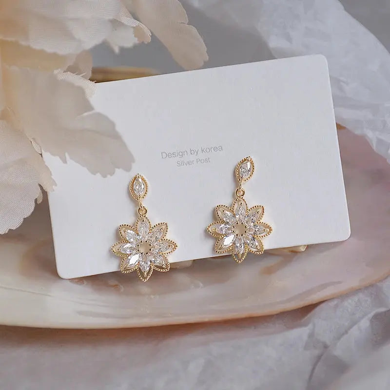 Boucles d'Oreilles Or 14K Fleur Zirconia AAA - Bijou Luxe Femme Mariage - BMYANY