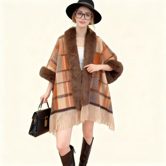 Cape Poncho Femme Carreaux à Franges Casual - BMYANY
