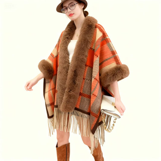 Cape Poncho Femme Carreaux à Franges Casual - BMYANY