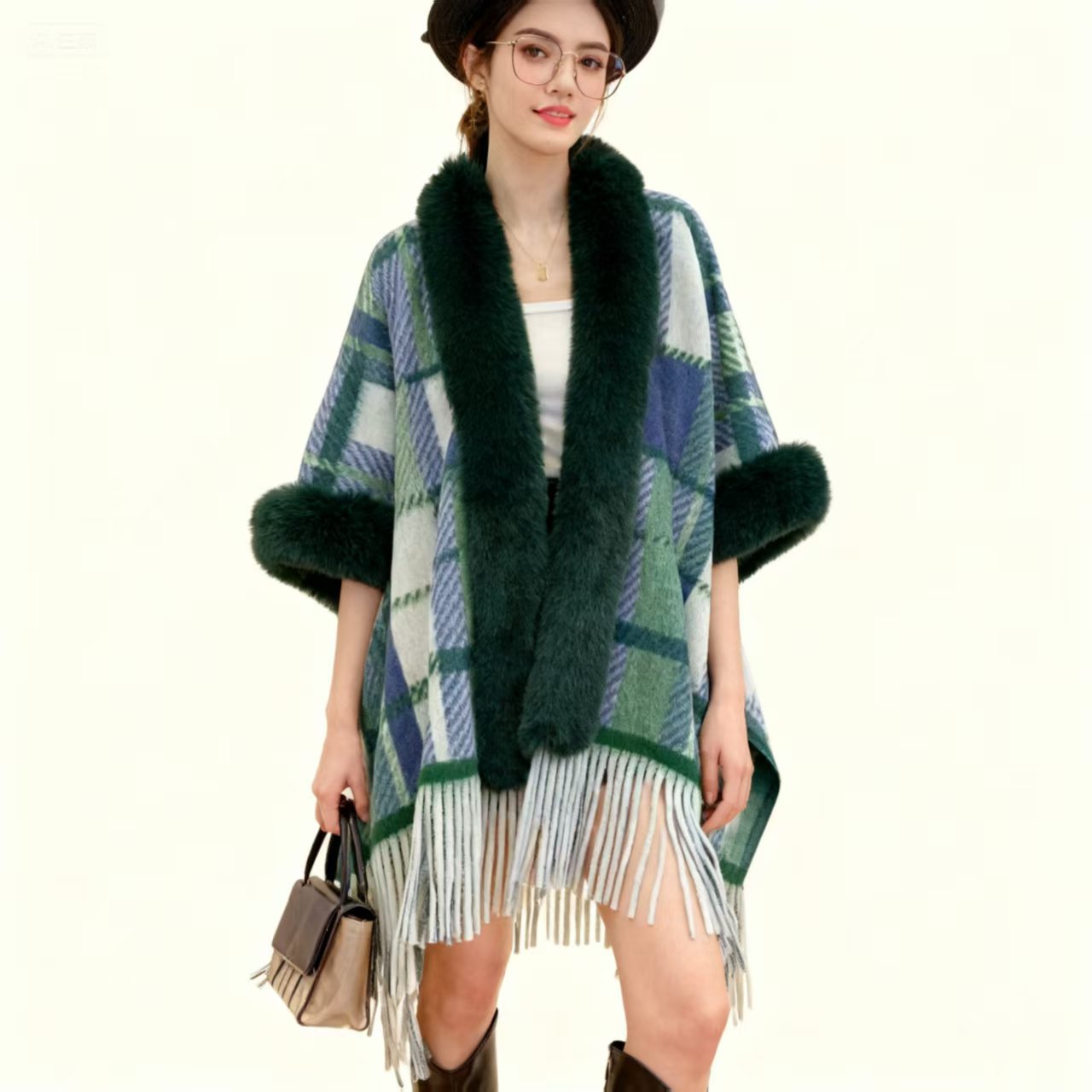 Cape Poncho Femme Carreaux à Franges Casual - BMYANY