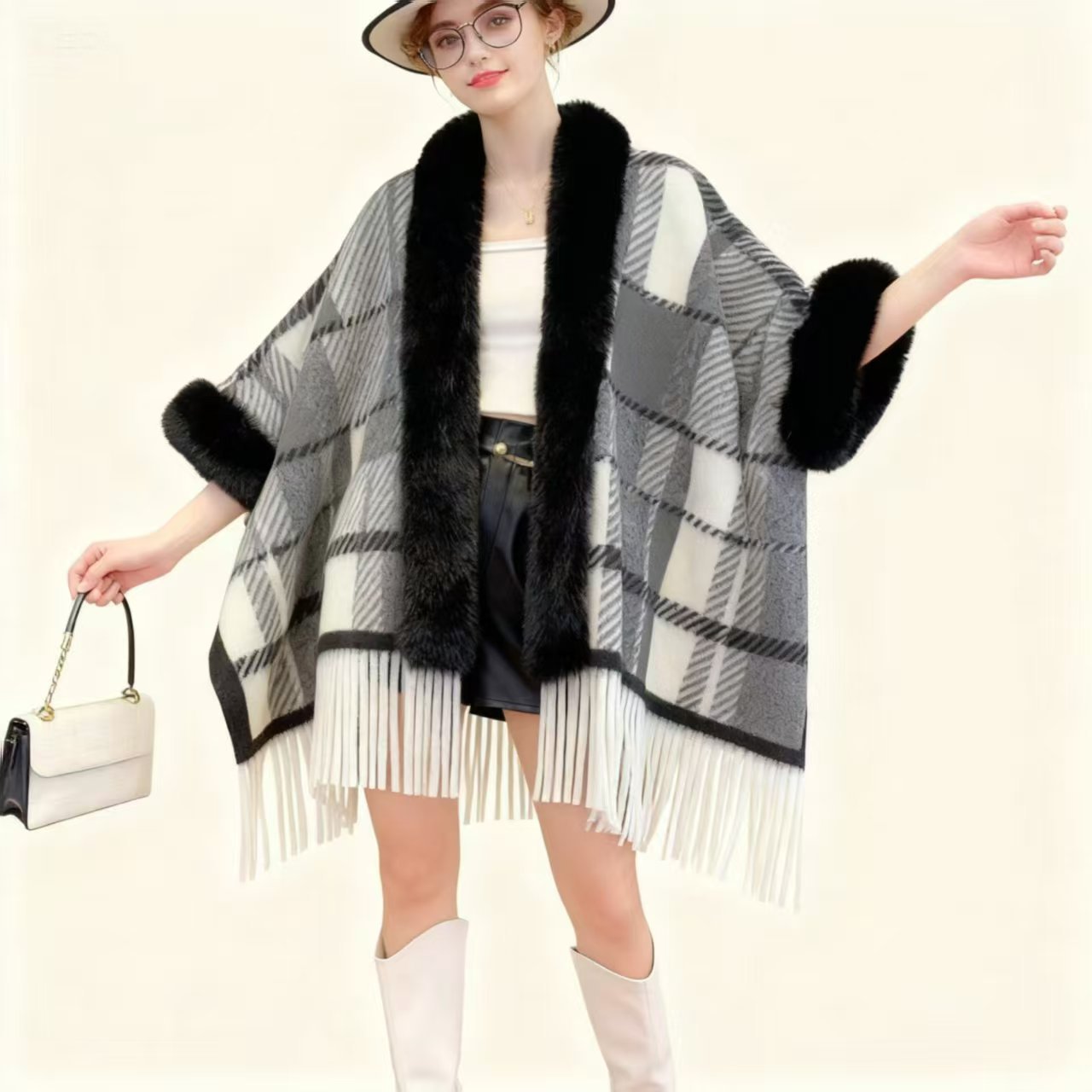 Cape Poncho Femme Carreaux à Franges Casual - BMYANY