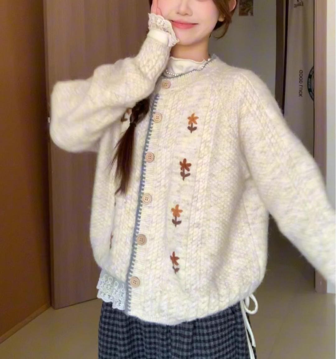 Cardigan Tricoté Japonais Femme - Col Rond Doux Motif Floral - BMYANY