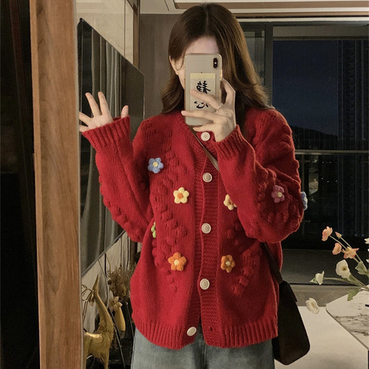 Cardigan femme style girly motif fleurs - pull manches longues polyvalent - BMYANY