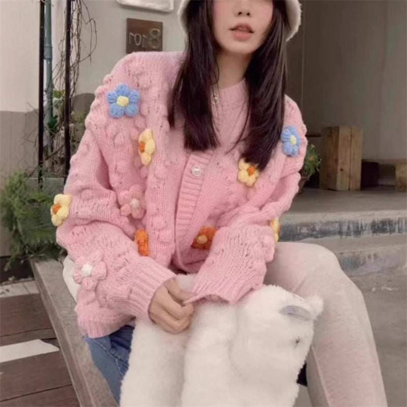 Cardigan femme style girly motif fleurs - pull manches longues polyvalent - BMYANY