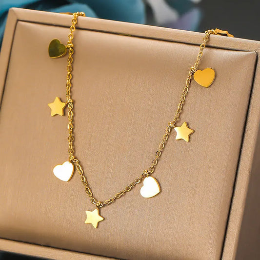 Collier Acier Inoxydable Brillant Étoile et Cœur Simple Tendance - BMYANY