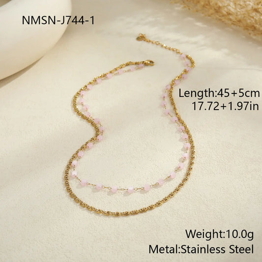 Collier Double Chaîne Perles Femmes - Acier Inoxydable Plaqué Or - BMYANY