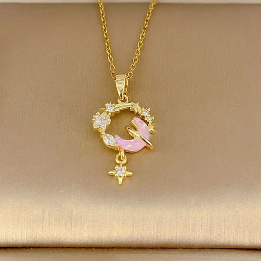 Collier Lune Zirconium Micro Serti Luxe Discret Femme Doré - BMYANY