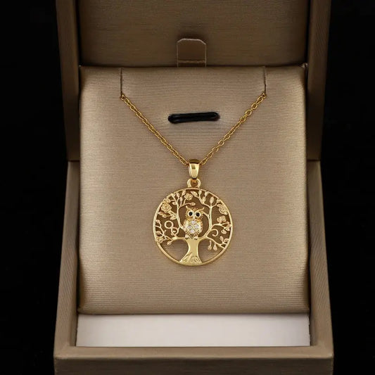 Collier Pendentif Chouette Arbre Chance - Bijou Doré Élégant - BMYANY
