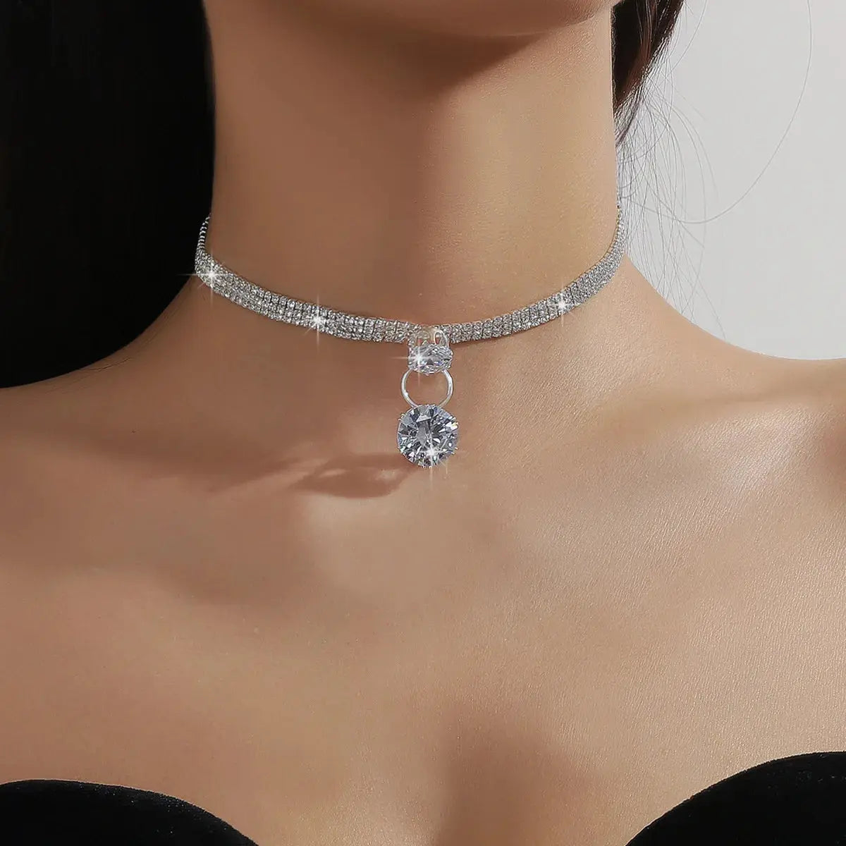 Collier Pendentif Zircon Strass Style Ras du Cou Argent Mariage Femme - BMYANY