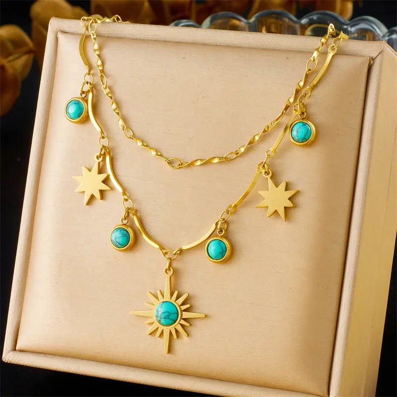 Collier femme clavicule rétro turquoise à huit branches et double couche - BMYANY
