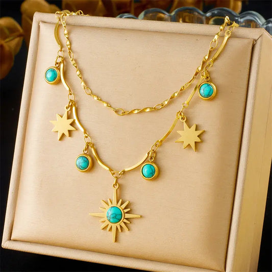 Collier femme clavicule rétro turquoise à huit branches et double couche - BMYANY