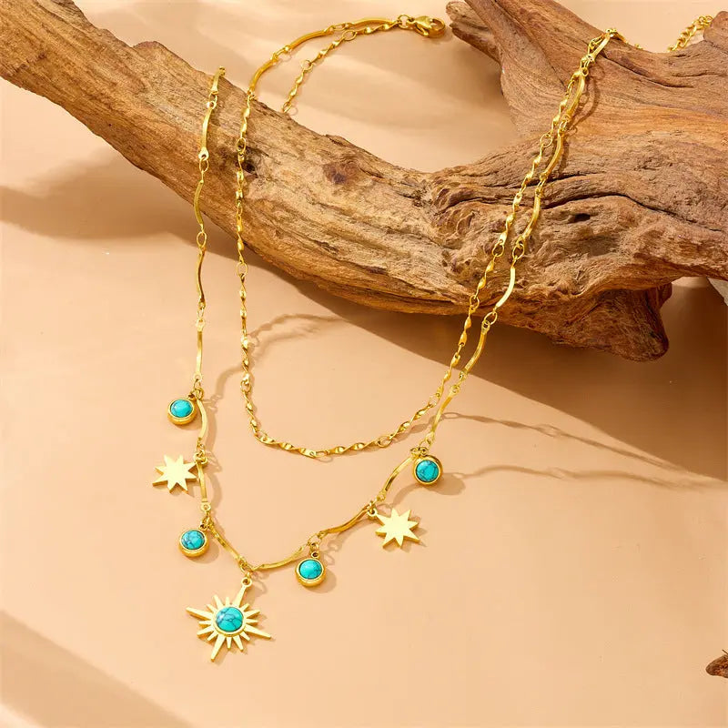 Collier femme clavicule rétro turquoise à huit branches et double couche - BMYANY
