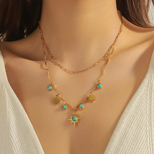 Collier femme clavicule rétro turquoise à huit branches et double couche - BMYANY