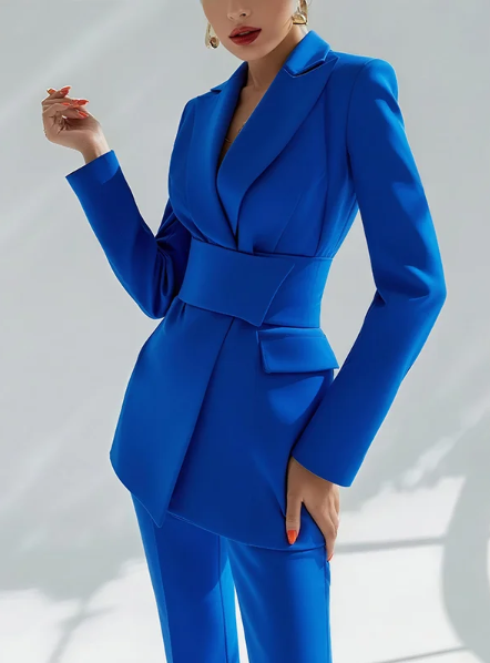Costume Vintage 2 Pièces en Daim Bleu Saphir - Élégant Rétro - BMYANY