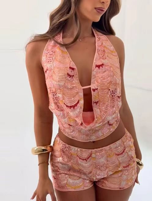Ensemble 2 pièces Femme à Paillettes - Top Dos Nu et Short Élégant - BMYANY