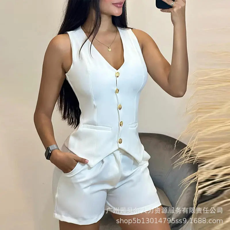 Ensemble 2 pièces Gilet Sans Manches Short Ajusté Blanc - BMYANY