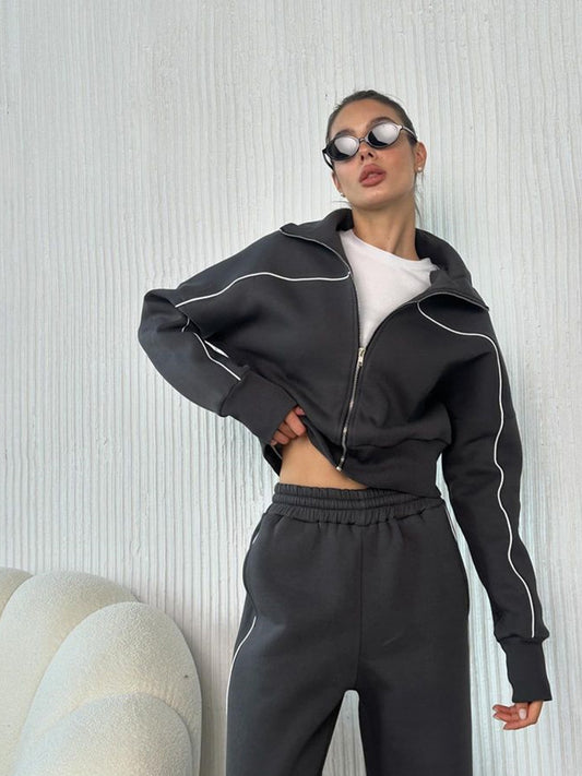 Ensemble Décontracté Femme Pull Zippé Pantalon Rayé - BMYANY
