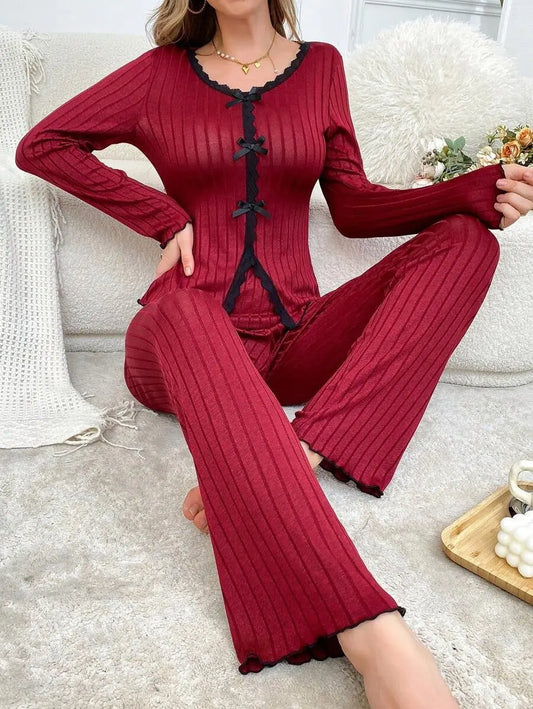 Ensemble Détente Maison Cardigan Dentelle Manches Longues Pantalon - BMYANY
