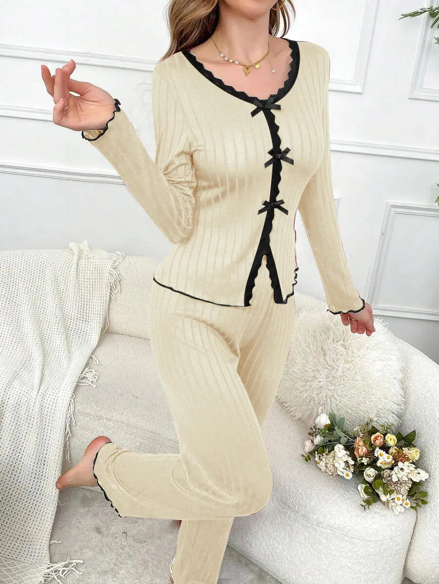 Ensemble Détente Maison Cardigan Dentelle Manches Longues Pantalon - BMYANY