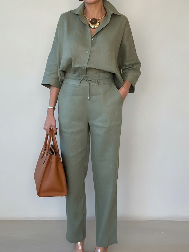 Ensemble Deux Pièces Élégant Lin - Chemise Col Polo et Pantalon Uni - BMYANY