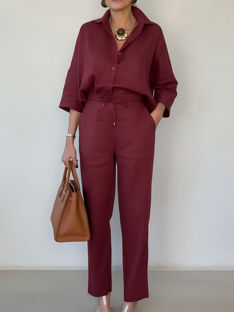 Ensemble Deux Pièces Élégant Lin - Chemise Col Polo et Pantalon Uni - BMYANY