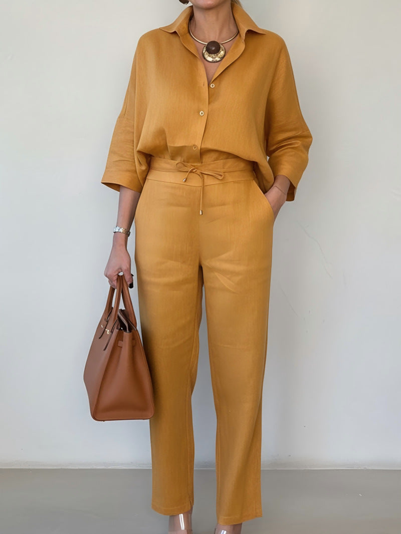Ensemble Deux Pièces Élégant Lin - Chemise Col Polo et Pantalon Uni - BMYANY
