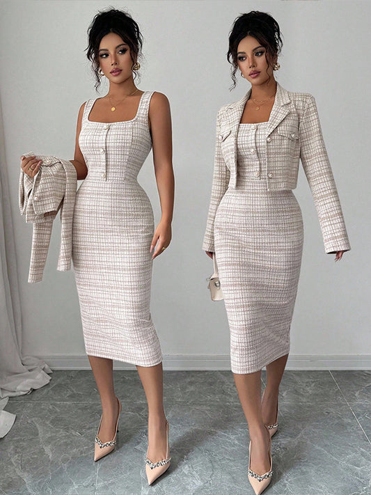 Ensemble Jupe et Veste Courte Femmes à Carreaux Col Tailleur Manches Longues - BMYANY