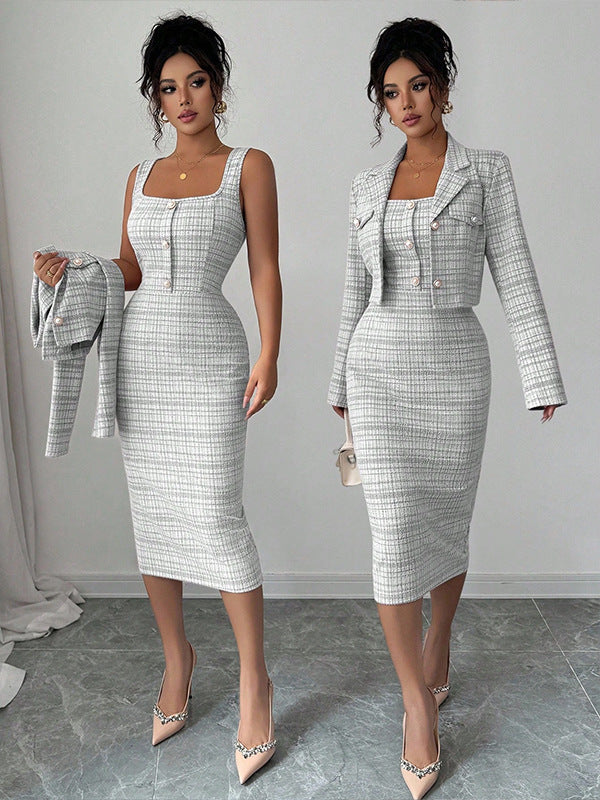 Ensemble Jupe et Veste Courte Femmes à Carreaux Col Tailleur Manches Longues - BMYANY