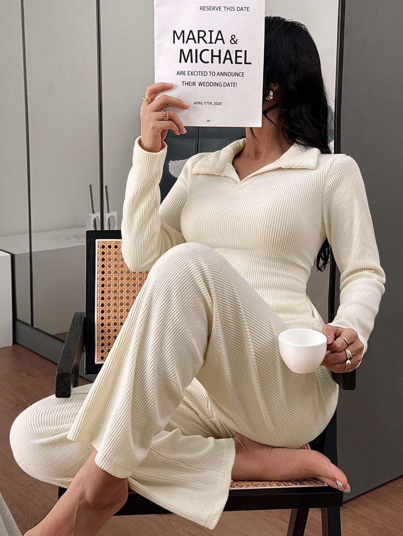 Ensemble Pyjama d’Intérieur Casual Col Polo Tricoté Manches Longues - BMYANY