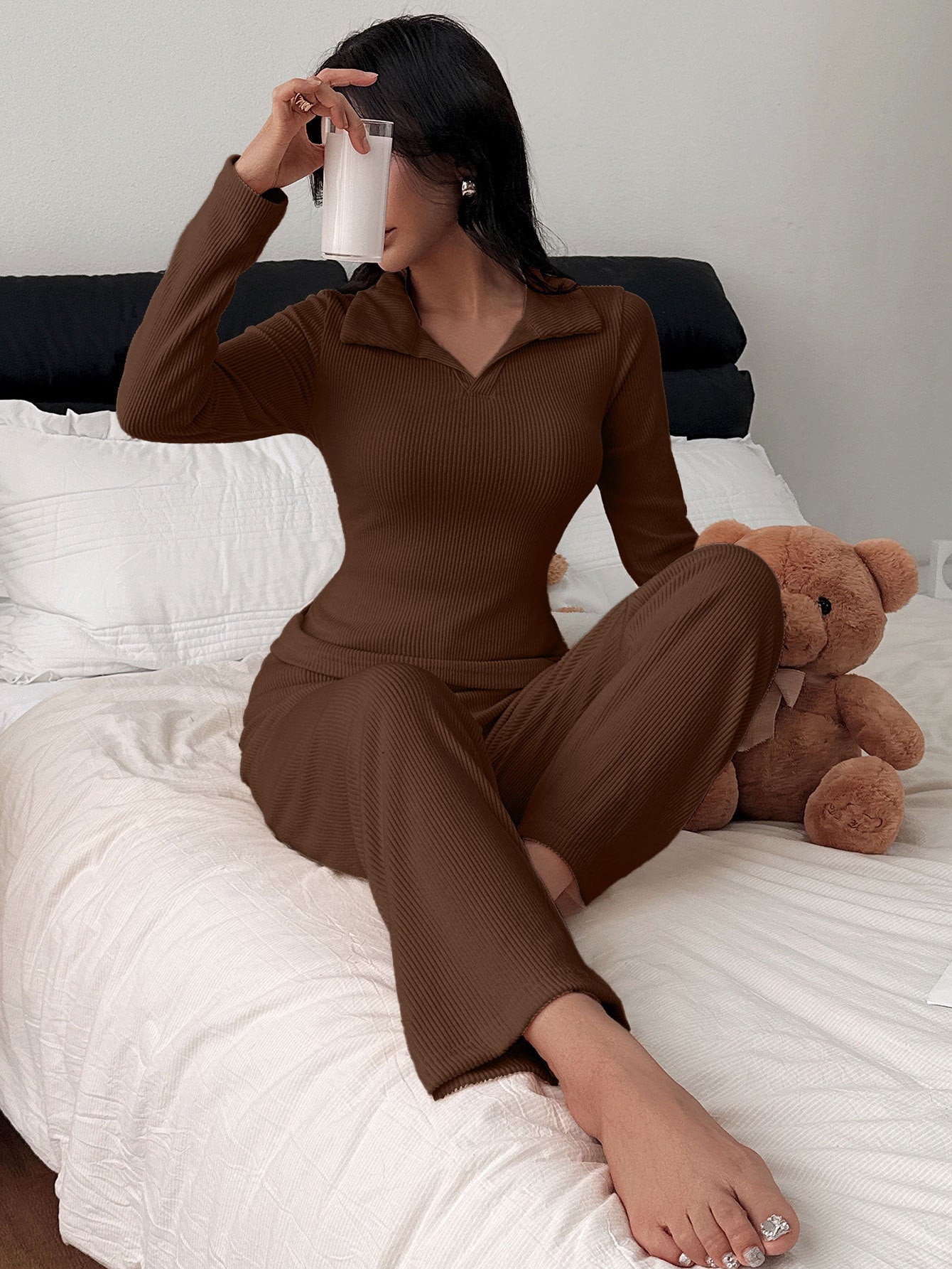 Ensemble Pyjama d’Intérieur Casual Col Polo Tricoté Manches Longues - BMYANY