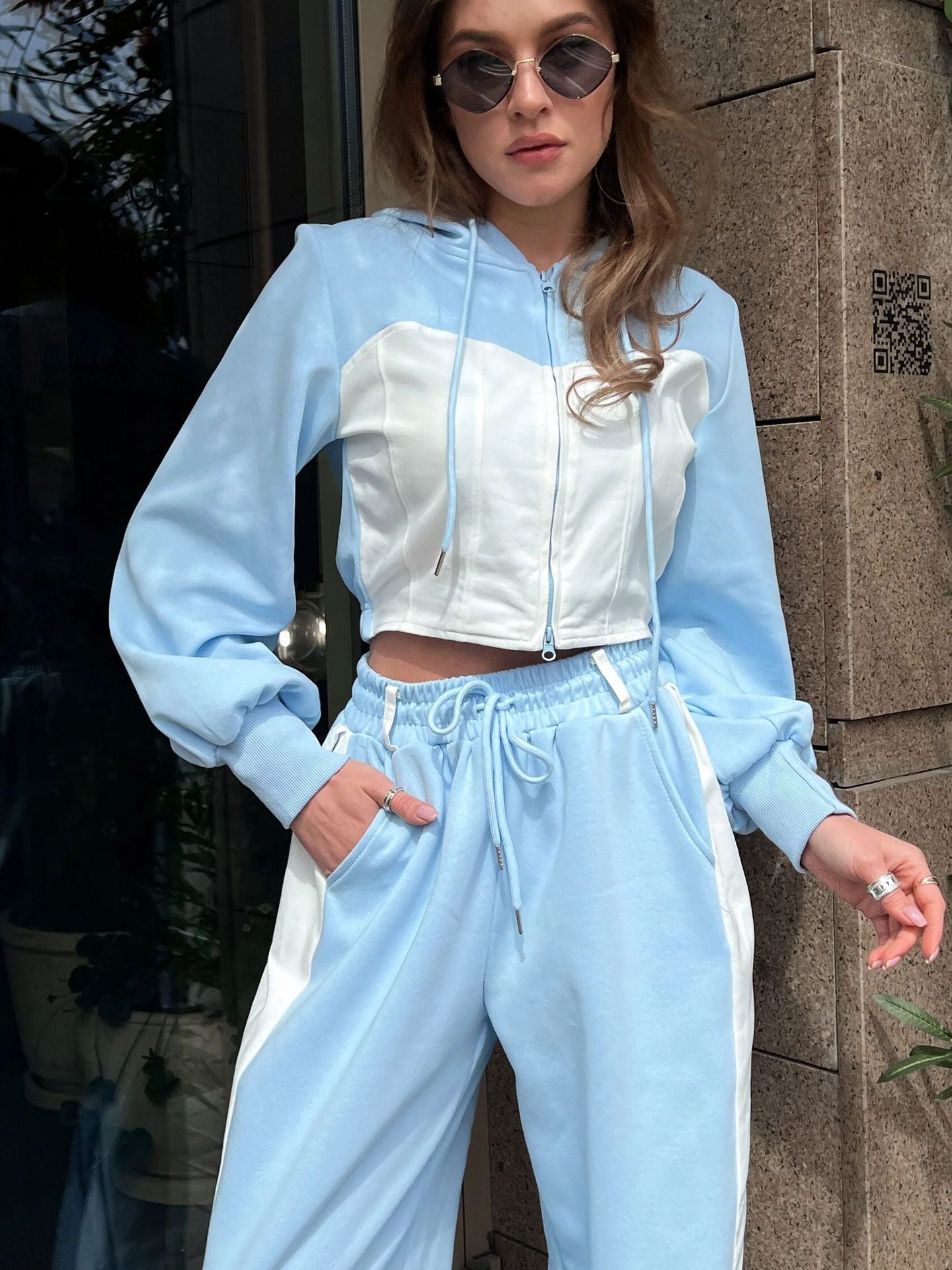 Ensemble Sweat à Capuche et Pantalon Casual Denim Patchwork Femme - BMYANY
