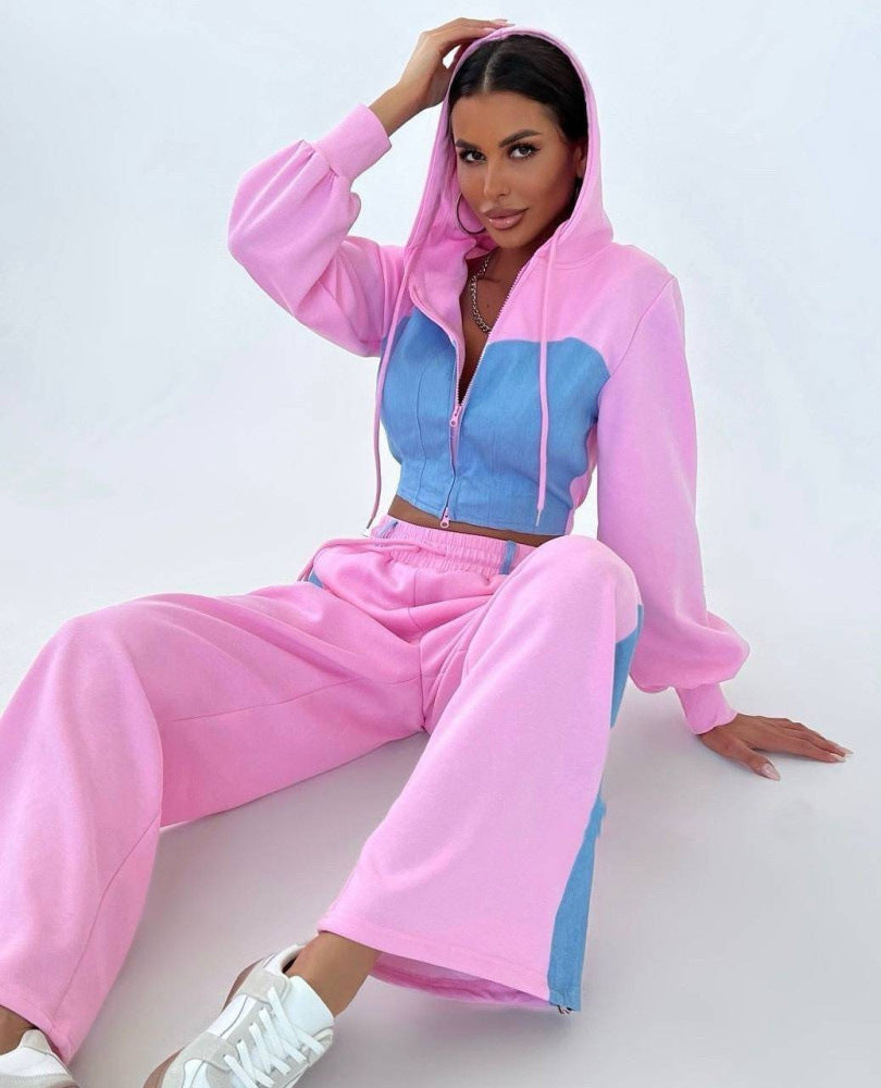 Ensemble Sweat à Capuche et Pantalon Casual Denim Patchwork Femme - BMYANY