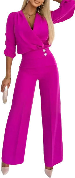Ensemble Tailleur Femme 2 Pièces Col V Uni - Veste et Pantalon - BMYANY