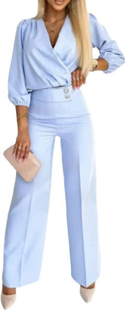 Ensemble Tailleur Femme 2 Pièces Col V Uni - Veste et Pantalon - BMYANY