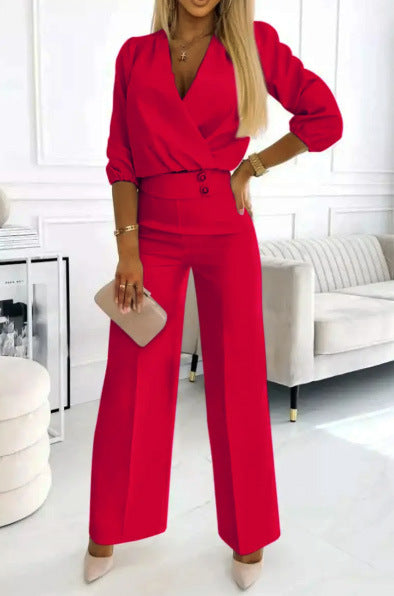 Ensemble Tailleur Femme 2 Pièces Col V Uni - Veste et Pantalon - BMYANY