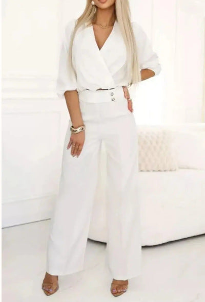 Ensemble Tailleur Femme 2 Pièces Col V Uni - Veste et Pantalon - BMYANY