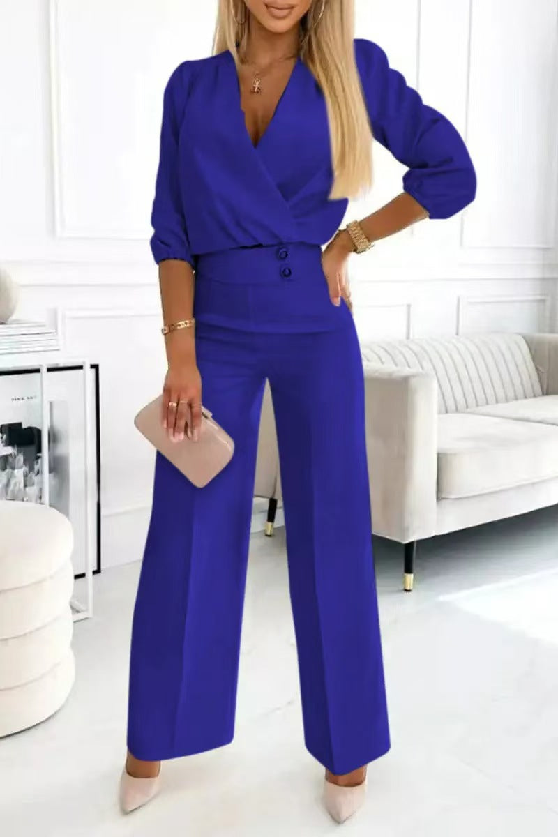 Ensemble Tailleur Femme 2 Pièces Col V Uni - Veste et Pantalon - BMYANY