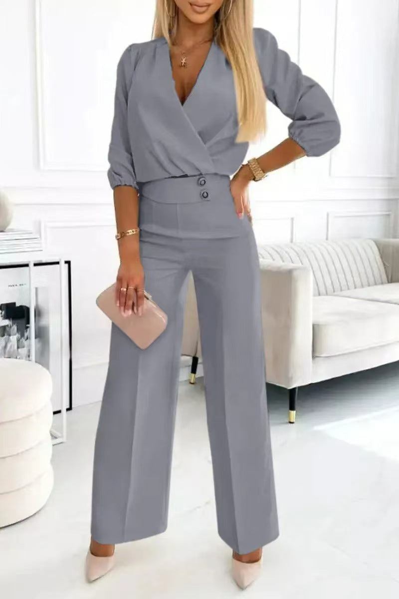 Ensemble Tailleur Femme 2 Pièces Col V Uni - Veste et Pantalon - BMYANY