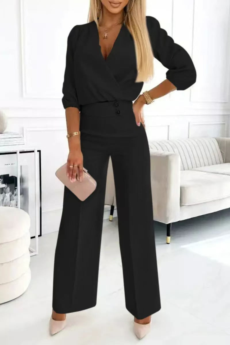 Ensemble Tailleur Femme 2 Pièces Col V Uni - Veste et Pantalon - BMYANY