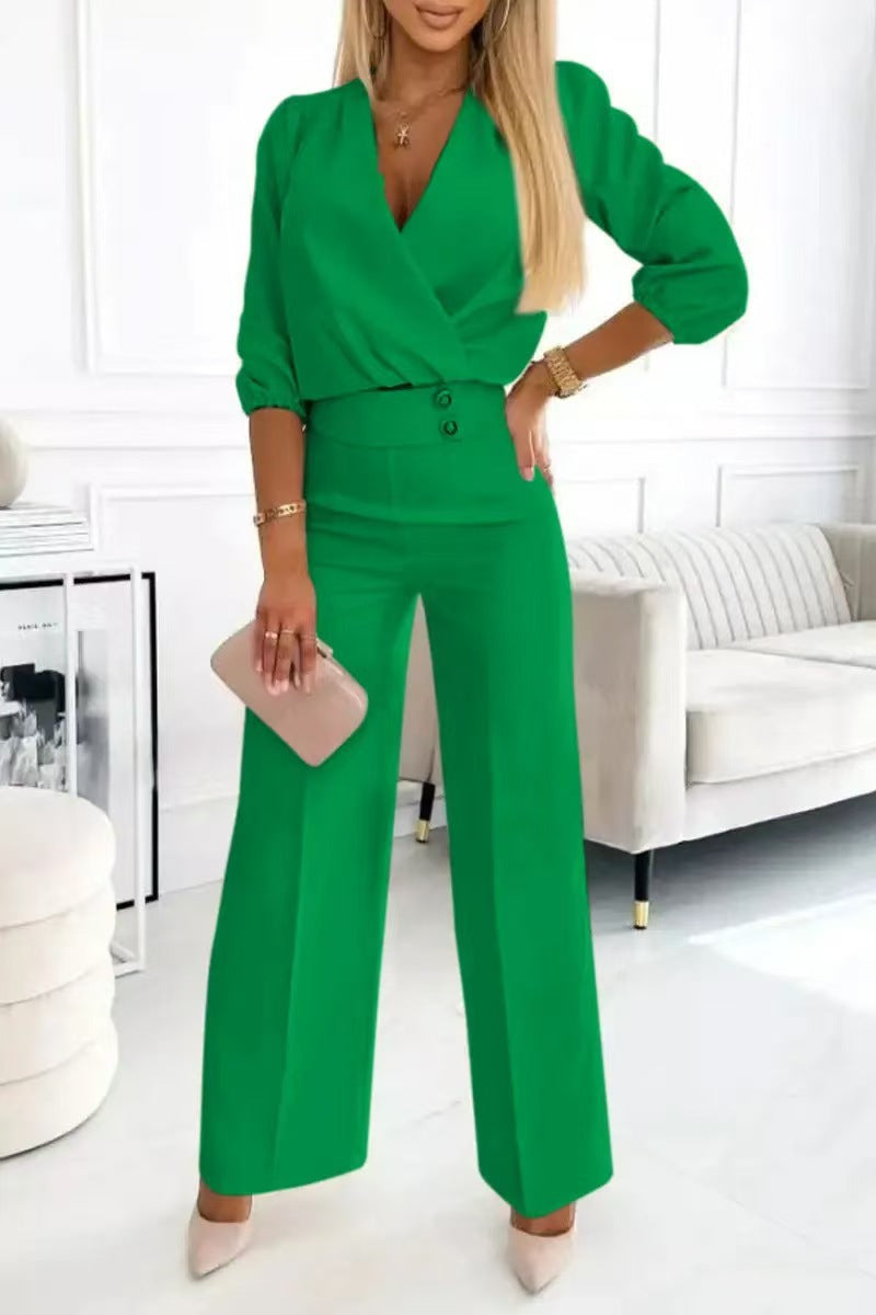 Ensemble Tailleur Femme 2 Pièces Col V Uni - Veste et Pantalon - BMYANY