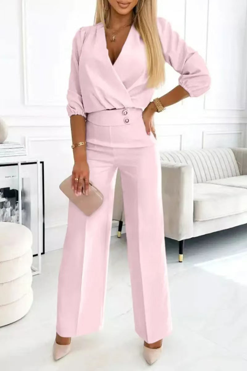 Ensemble Tailleur Femme 2 Pièces Col V Uni - Veste et Pantalon - BMYANY