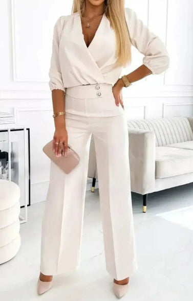 Ensemble Tailleur Femme 2 Pièces Col V Uni - Veste et Pantalon - BMYANY