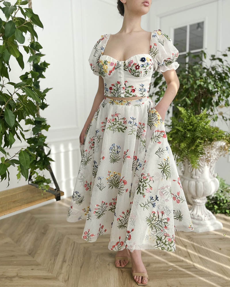 Ensemble doux pièces femme robes et top broderie florale blanc - BMYANY