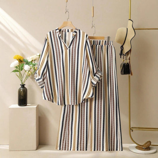 Ensemble tailleur rayé imprimé à col en V pour femmes - BMYANY