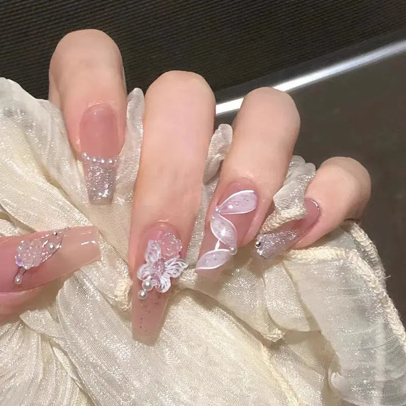 Faux Ongles Amovibles Motif Camélia Ancien avec Rubans - BMYANY