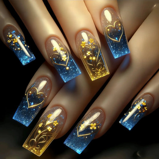 Faux Ongles Fleurs Bleues Dorées 24 Pièces Amovibles - BMYANY