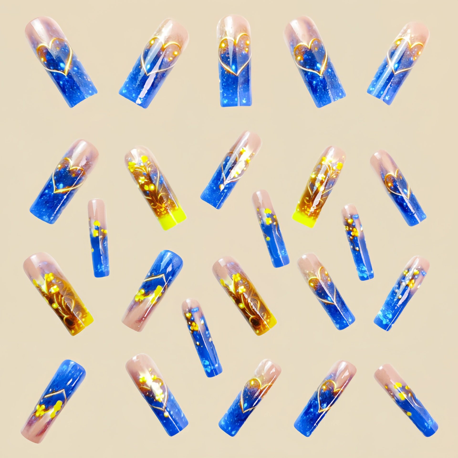 Faux Ongles Fleurs Bleues Dorées 24 Pièces Amovibles - BMYANY