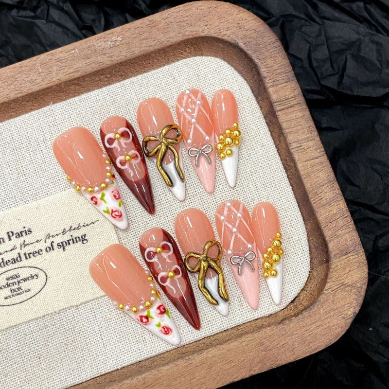 Faux Ongles Longs Vintage Nœud Rouge Sang Écaille 3D - BMYANY
